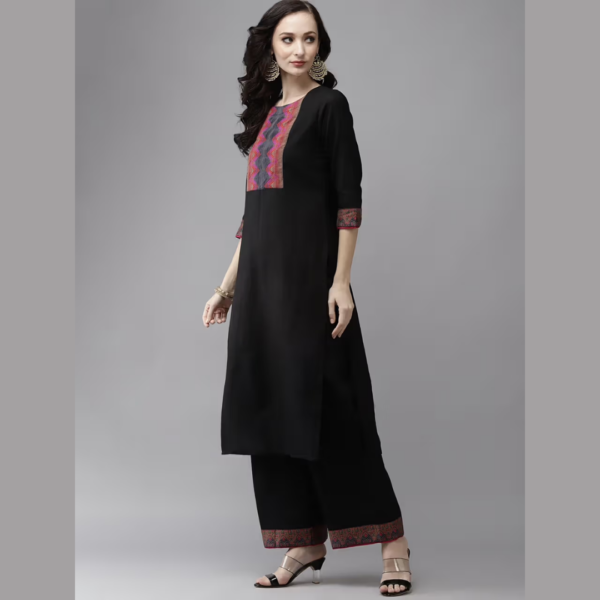 Black Printed Kurta Yoke with Palazzo with Ready Made Dupatta (Set of 3) - Image 3