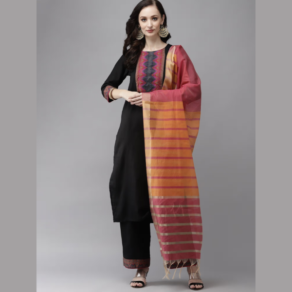Black Printed Kurta Yoke with Palazzo with Ready Made Dupatta (Set of 3) - Image 8