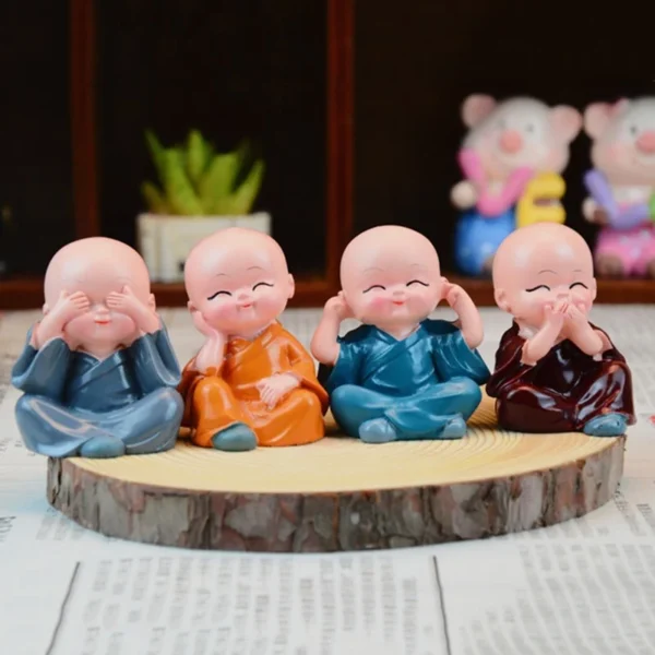 Synlark Idol Decorative Showpiece Little Baby Monk Buddha Set of 4 Pcs Lord Buddha Decorative Showpiece - 6 cm  (Polyresin, Multicolor)