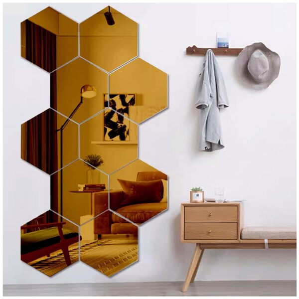 20 Hexagon Golden (Each Hexagon Size 12 cm x 10 cm) 3D Hexagon Mirror Wall Stickers, 3D Mirror Stickers for Wall Large Size, 3D Wall Mirror Stickers