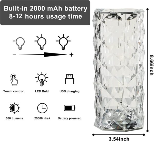 Crystal Lamp, 16-Color Changing Diamond Table Lamp – USB Rechargeable Touch Night Lamp with Remote Control - Image 2
